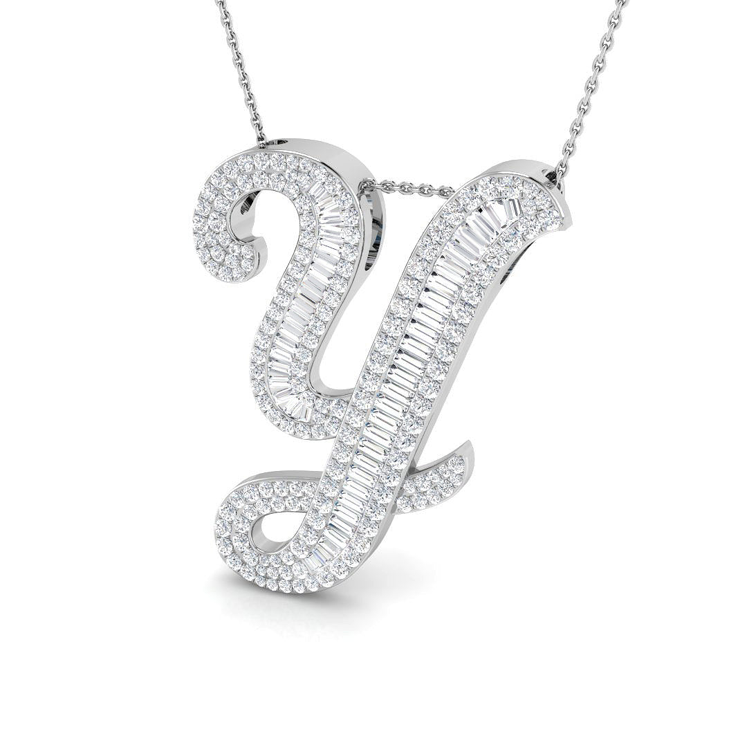 Diamond Initial Pendant with Baguette and Round Diamonds in 10K/14K gold and platinum with certified lab-grown or natural diamonds