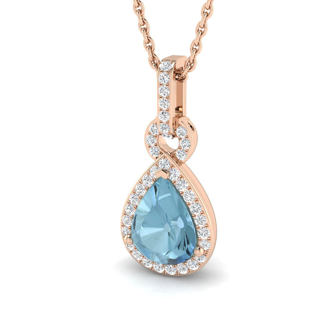 Pear Cut Aquamarine Diamond Halo Drop Pendant Necklace in 10K/14K gold and platinum with certified lab-grown or natural diamonds