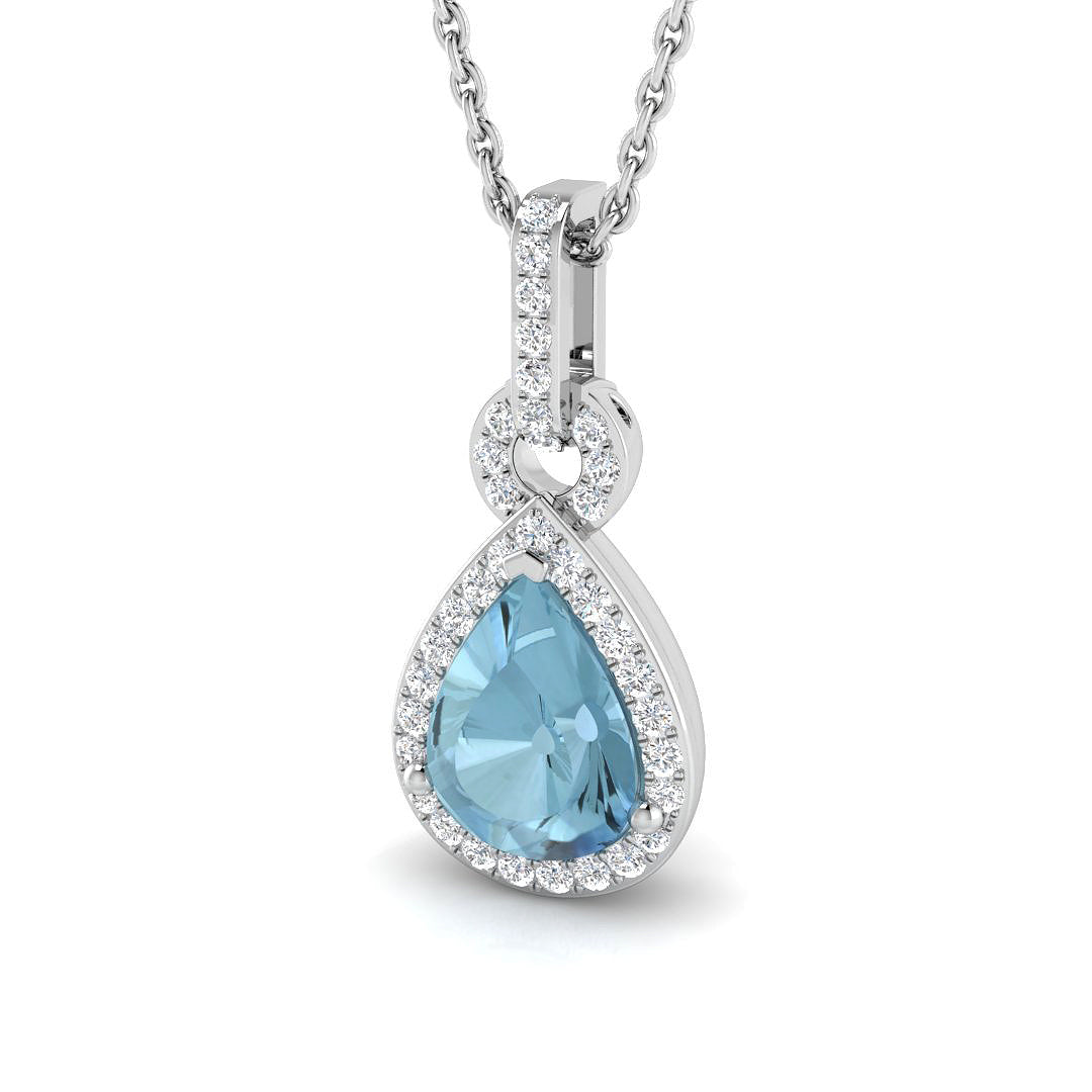 Pear Cut Aquamarine Diamond Halo Drop Pendant Necklace in 10K/14K gold and platinum with certified lab-grown or natural diamonds