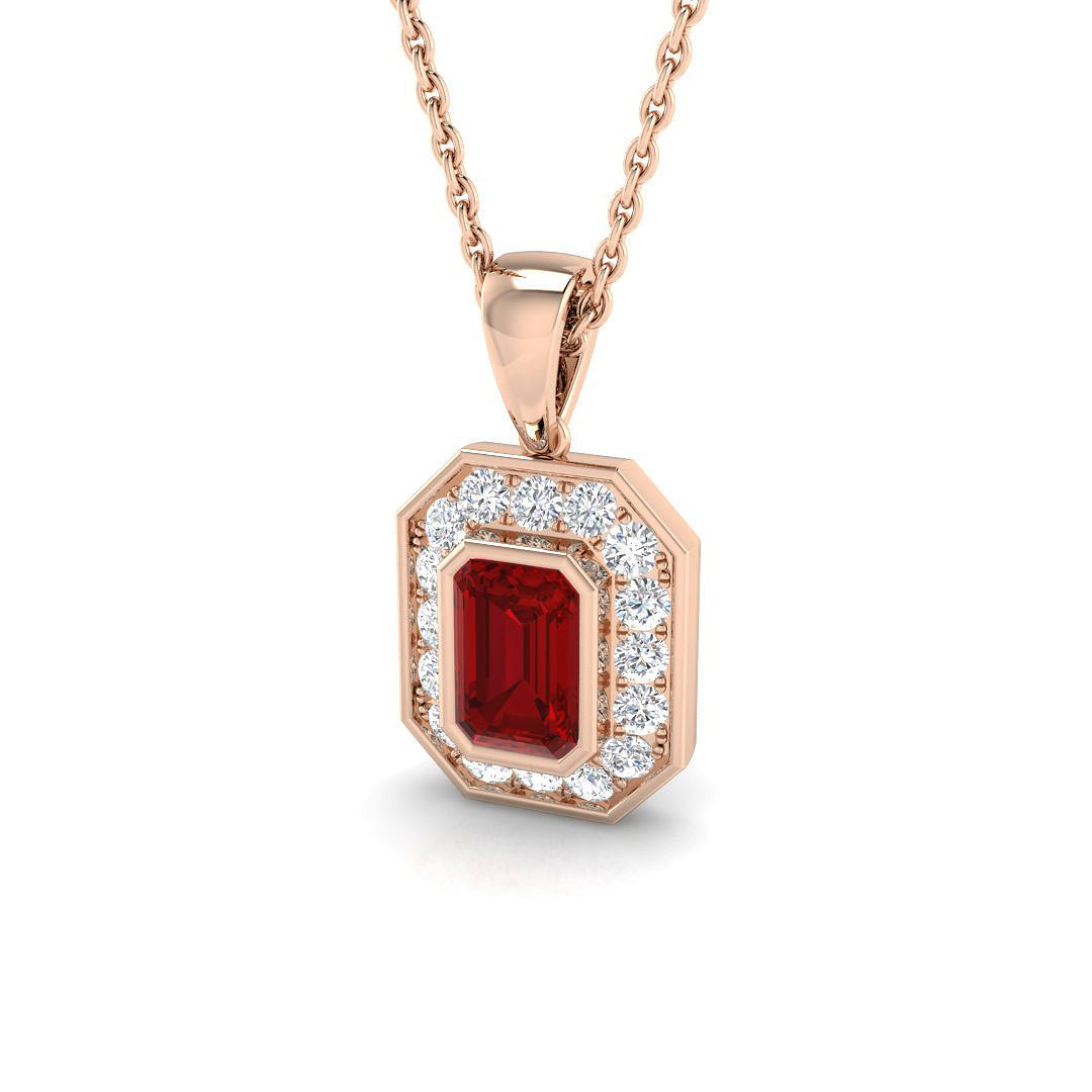 Emerald Cut Ruby Diamond Halo Pendant in Gold Without Chain in 10K/14K gold and platinum with certified lab-grown or natural diamonds