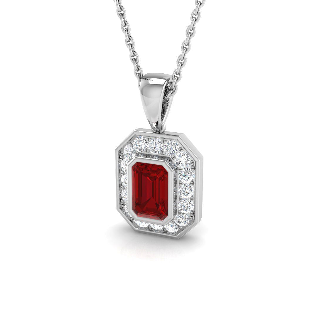 Emerald Cut Ruby Diamond Halo Pendant in Gold Without Chain in 10K/14K gold and platinum with certified lab-grown or natural diamonds