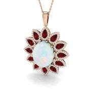 Opal Ruby Floral Halo Pendant Necklace with Diamond Accents - UK Made in 10K/14K gold and platinum with certified lab-grown or natural diamonds