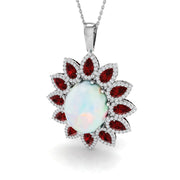 Opal Ruby Floral Halo Pendant Necklace with Diamond Accents - UK Made in 10K/14K gold and platinum with certified lab-grown or natural diamonds