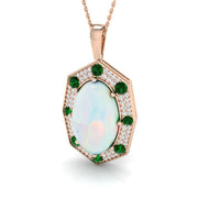 Opal Pendant Necklace with Emerald & Diamond Hexagon Halo - UK Made in 10K/14K gold and platinum with certified lab-grown or natural diamonds
