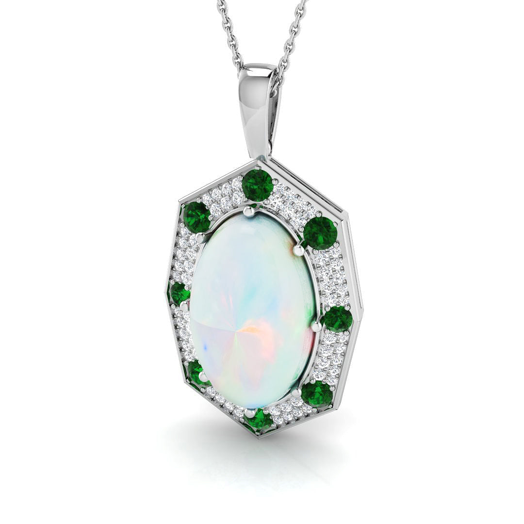 Opal Pendant Necklace with Emerald & Diamond Hexagon Halo - UK Made in 10K/14K gold and platinum with certified lab-grown or natural diamonds