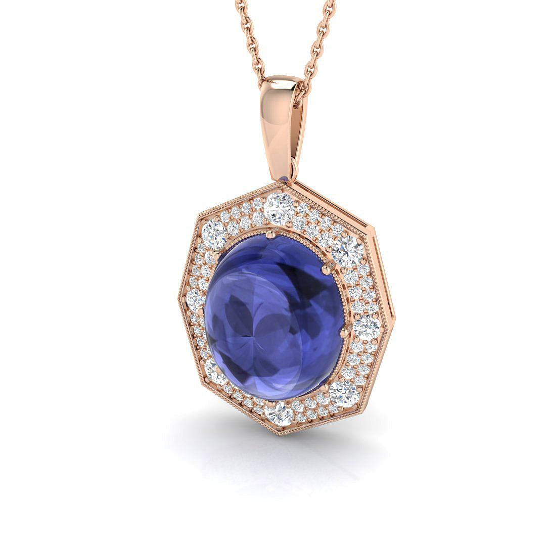 Oval Cabochon Tanzanite Halo Pendant in 10K/14K gold and platinum with certified lab-grown or natural diamonds