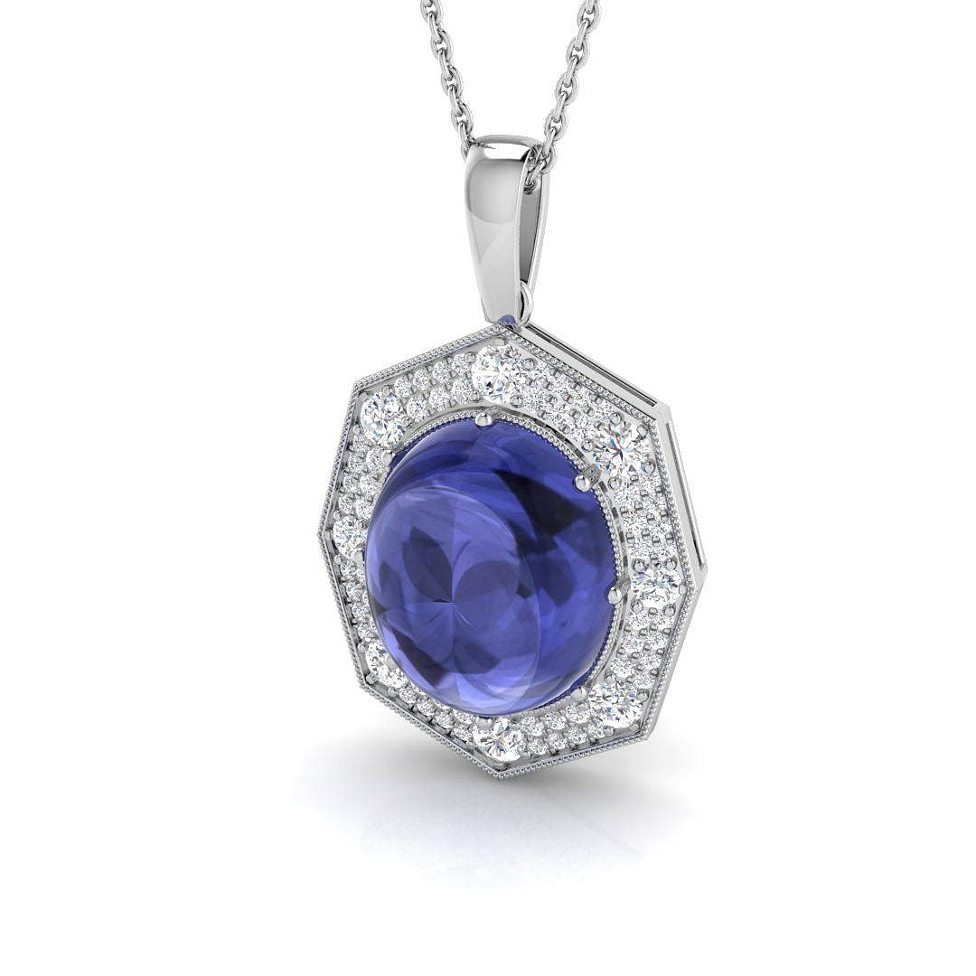 Oval Cabochon Tanzanite Halo Pendant in 10K/14K gold and platinum with certified lab-grown or natural diamonds