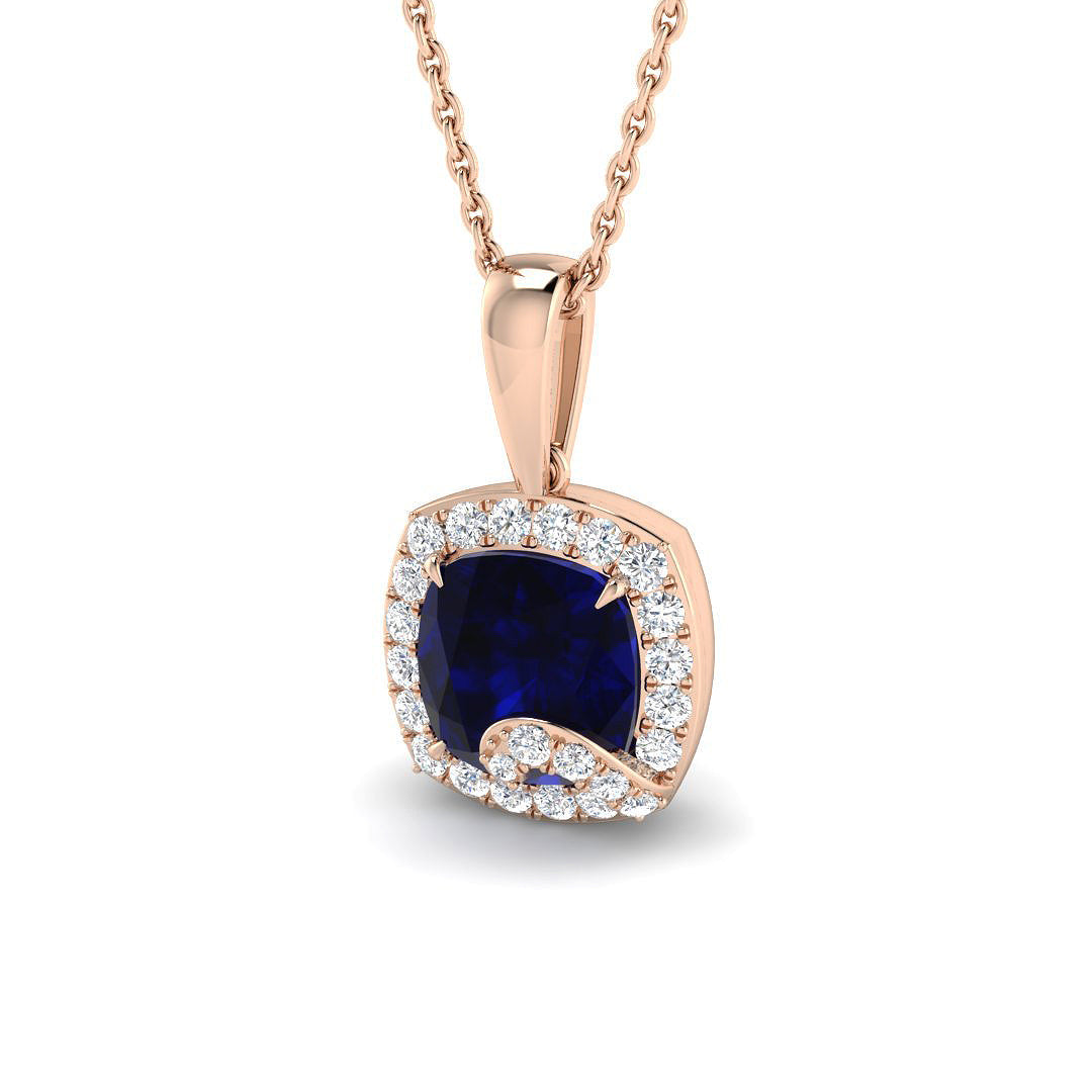 Cushion Cut Blue Sapphire Pendant Necklace with Diamond Halo in 10K/14K gold and platinum with certified lab-grown or natural diamonds