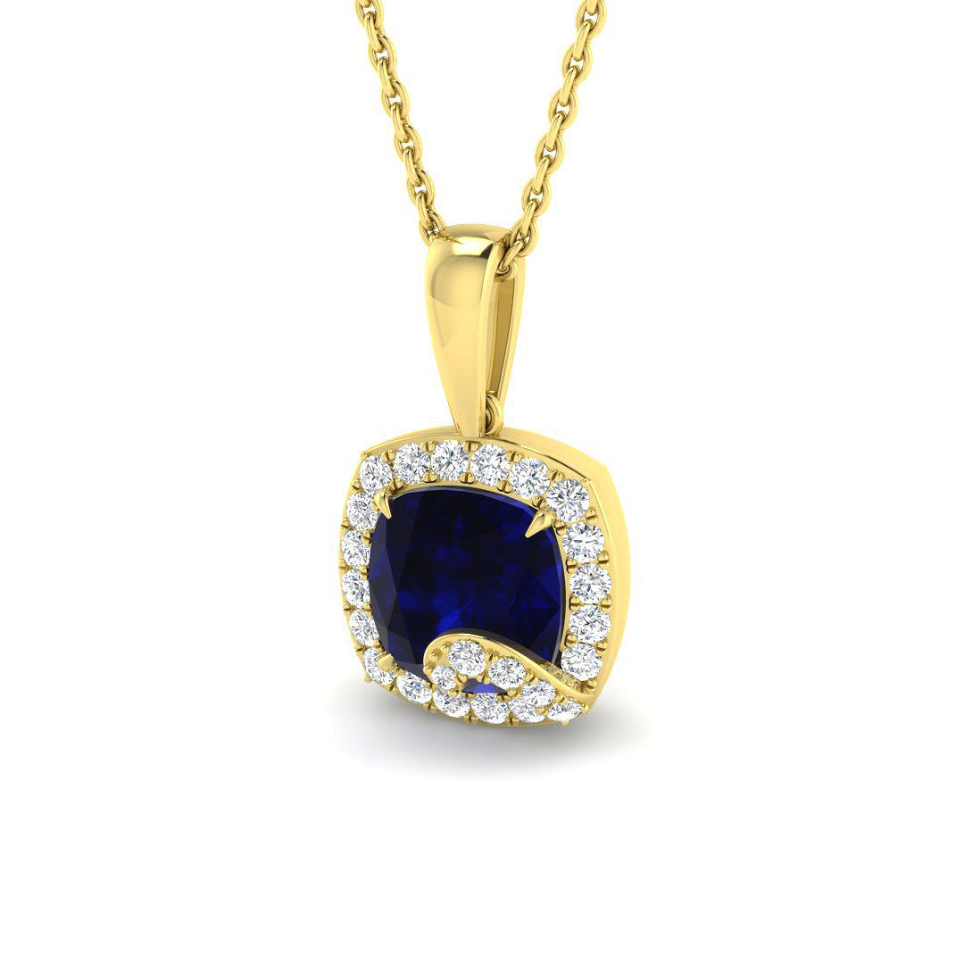 Cushion Cut Blue Sapphire Pendant Necklace with Diamond Halo in 10K/14K gold and platinum with certified lab-grown or natural diamonds