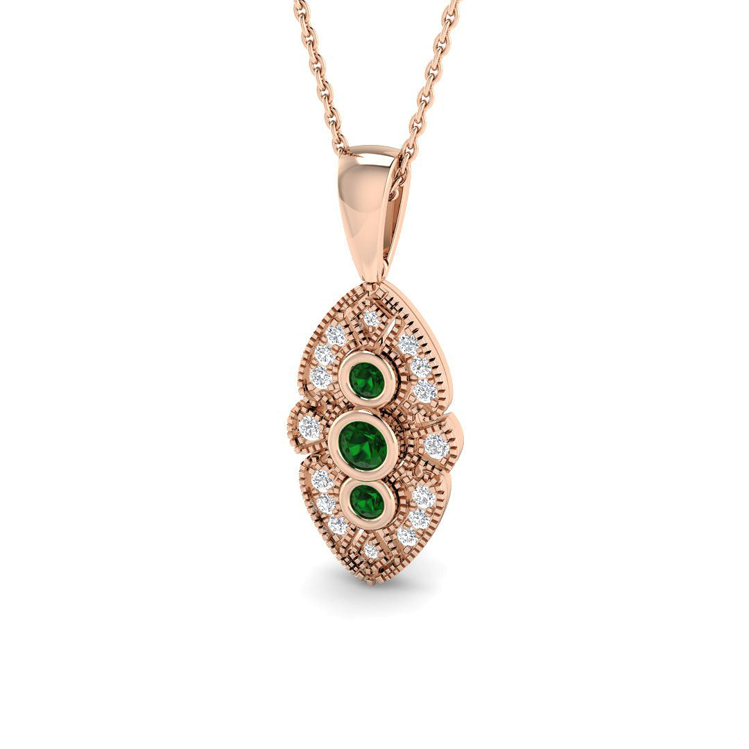 Vintage Emerald Pendant Necklace with Diamond Trilogy Design - UK Made in 10K/14K gold and platinum with certified lab-grown or natural diamonds