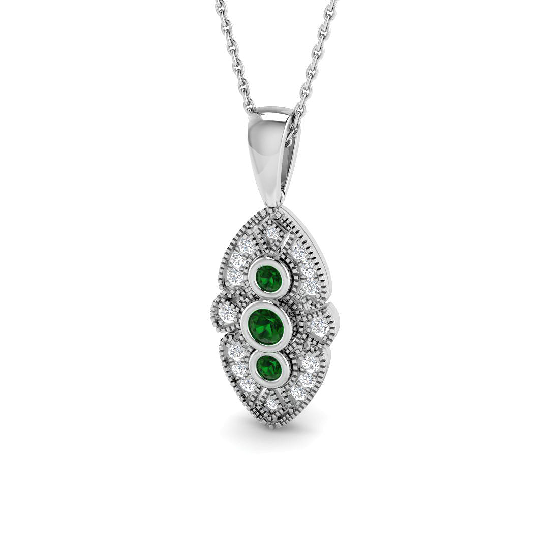 Vintage Emerald Pendant Necklace with Diamond Trilogy Design - UK Made in 10K/14K gold and platinum with certified lab-grown or natural diamonds