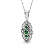 Vintage Emerald Pendant Necklace with Diamond Trilogy Design - UK Made in 10K/14K gold and platinum with certified lab-grown or natural diamonds