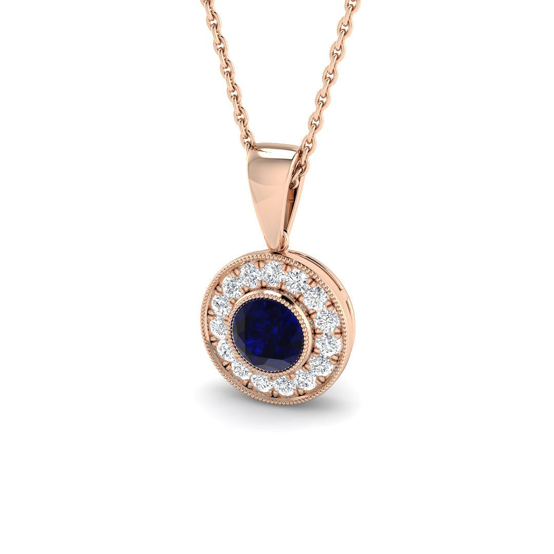 Vintage Blue Sapphire Pendant Necklace with Diamond Halo - UK Made in 10K/14K gold and platinum with certified lab-grown or natural diamonds