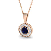 Vintage Blue Sapphire Pendant Necklace with Diamond Halo - UK Made in 10K/14K gold and platinum with certified lab-grown or natural diamonds