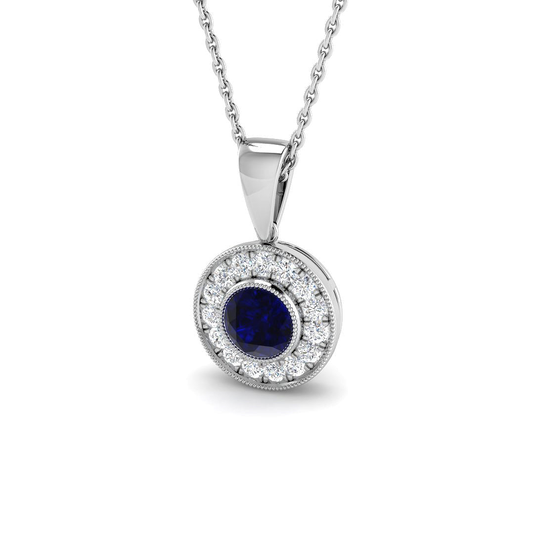 Vintage Blue Sapphire Pendant Necklace with Diamond Halo - UK Made in 10K/14K gold and platinum with certified lab-grown or natural diamonds
