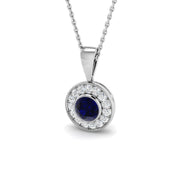 Vintage Blue Sapphire Pendant Necklace with Diamond Halo - UK Made in 10K/14K gold and platinum with certified lab-grown or natural diamonds