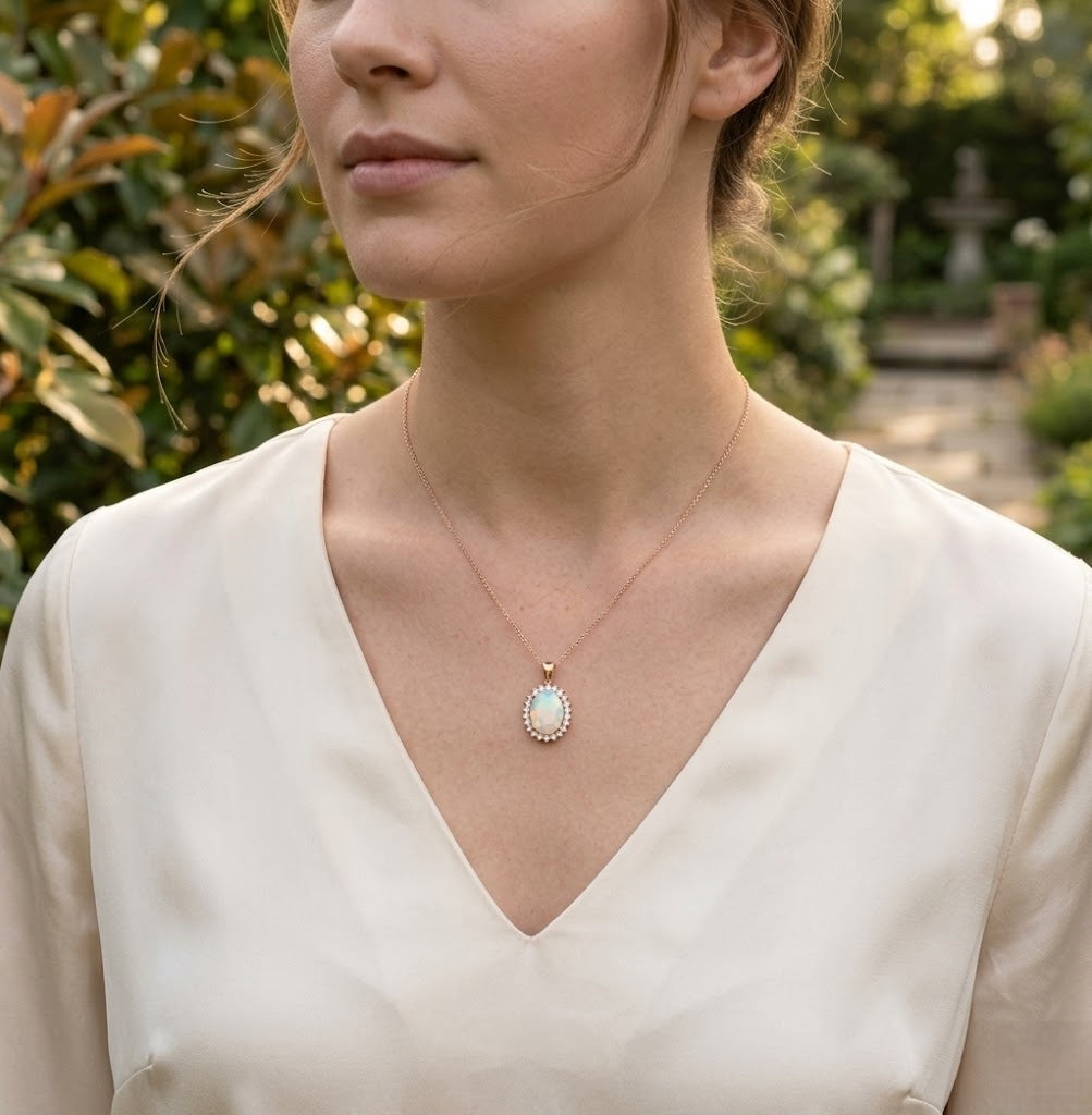 Opal Pendant with Diamond Halo in 10K/14K gold and platinum with certified lab-grown or natural diamonds