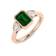 Emerald Cut Green Emerald Three Stone Ring with Trillion Diamond Side Stones in 10K/14K gold and platinum with certified lab-grown or natural diamonds