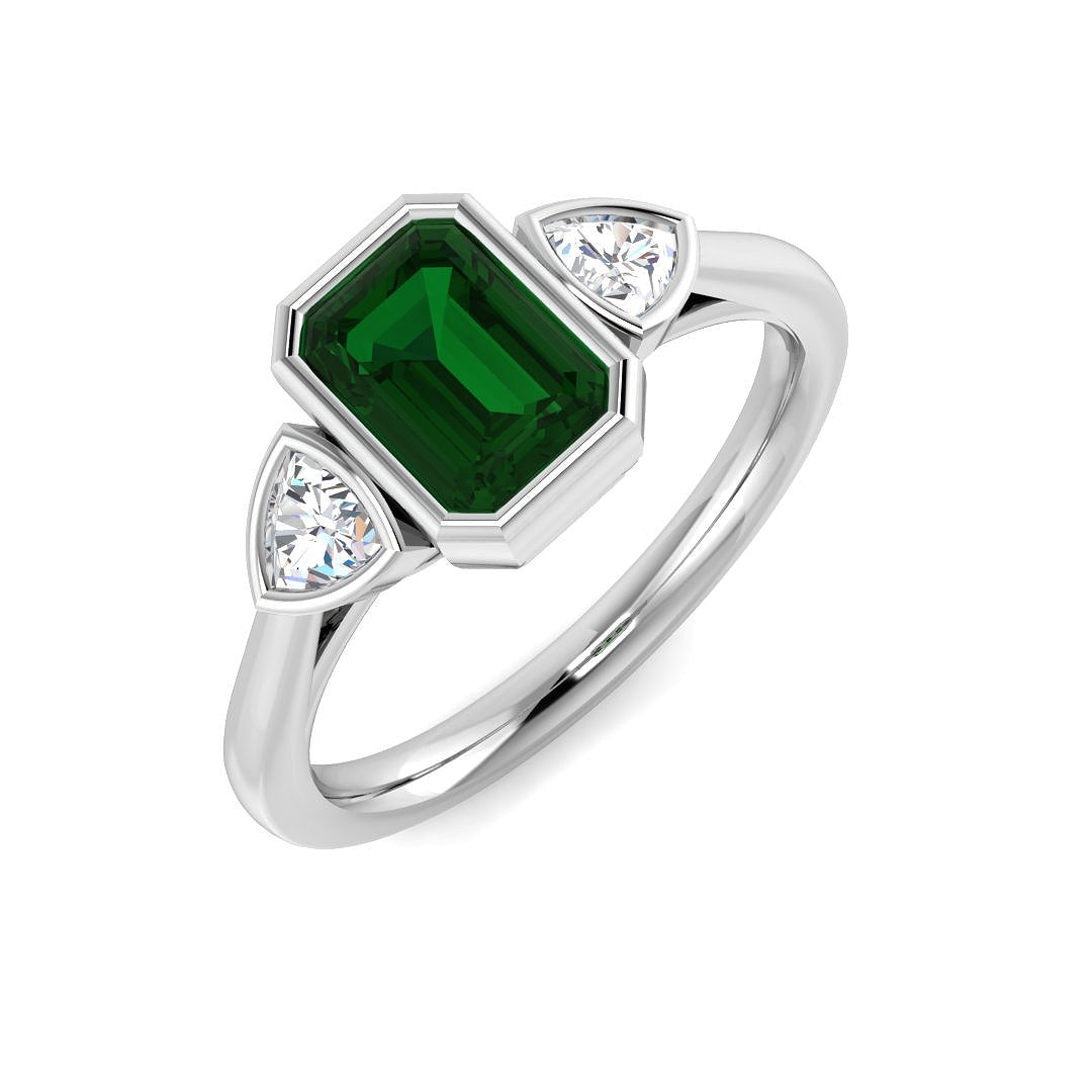 Emerald Cut Green Emerald Three Stone Ring with Trillion Diamond Side Stones in 10K/14K gold and platinum with certified lab-grown or natural diamonds