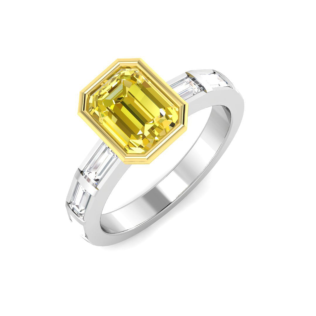 Natural Emerald Cut Yellow Diamond Bezel Set Engagement Ring with Baguette Side Stones in 10K/14K gold and platinum with certified lab-grown or natural diamonds