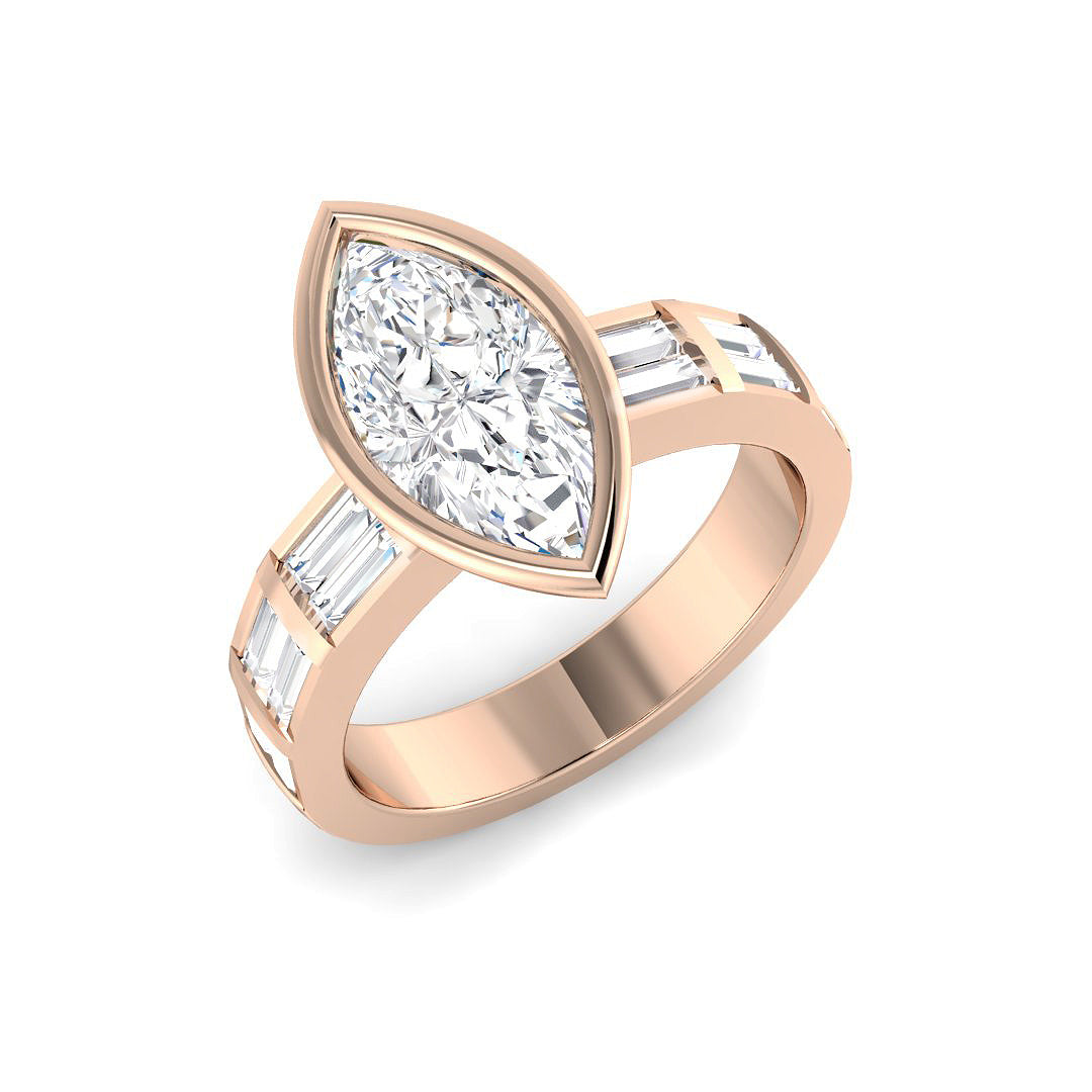 Natural Marquise Cut Diamond Bezel Set Engagement Ring with Baguette Side Stones in 10K/14K gold and platinum with certified lab-grown or natural diamonds