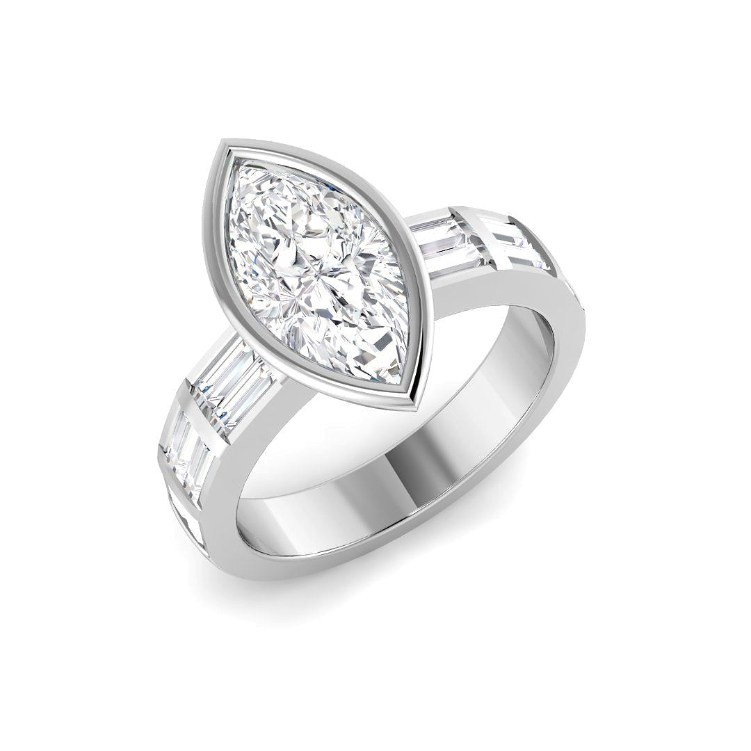 Natural Marquise Cut Diamond Bezel Set Engagement Ring with Baguette Side Stones in 10K/14K gold and platinum with certified lab-grown or natural diamonds
