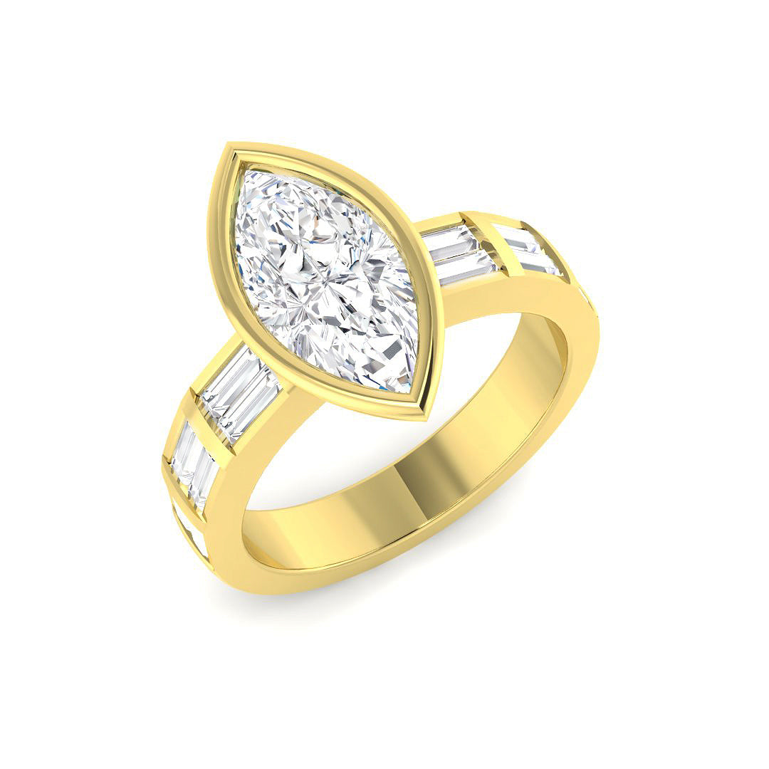Natural Marquise Cut Diamond Bezel Set Engagement Ring with Baguette Side Stones in 10K/14K gold and platinum with certified lab-grown or natural diamonds