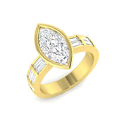 Natural Marquise Cut Diamond Bezel Set Engagement Ring with Baguette Side Stones in 10K/14K gold and platinum with certified lab-grown or natural diamonds