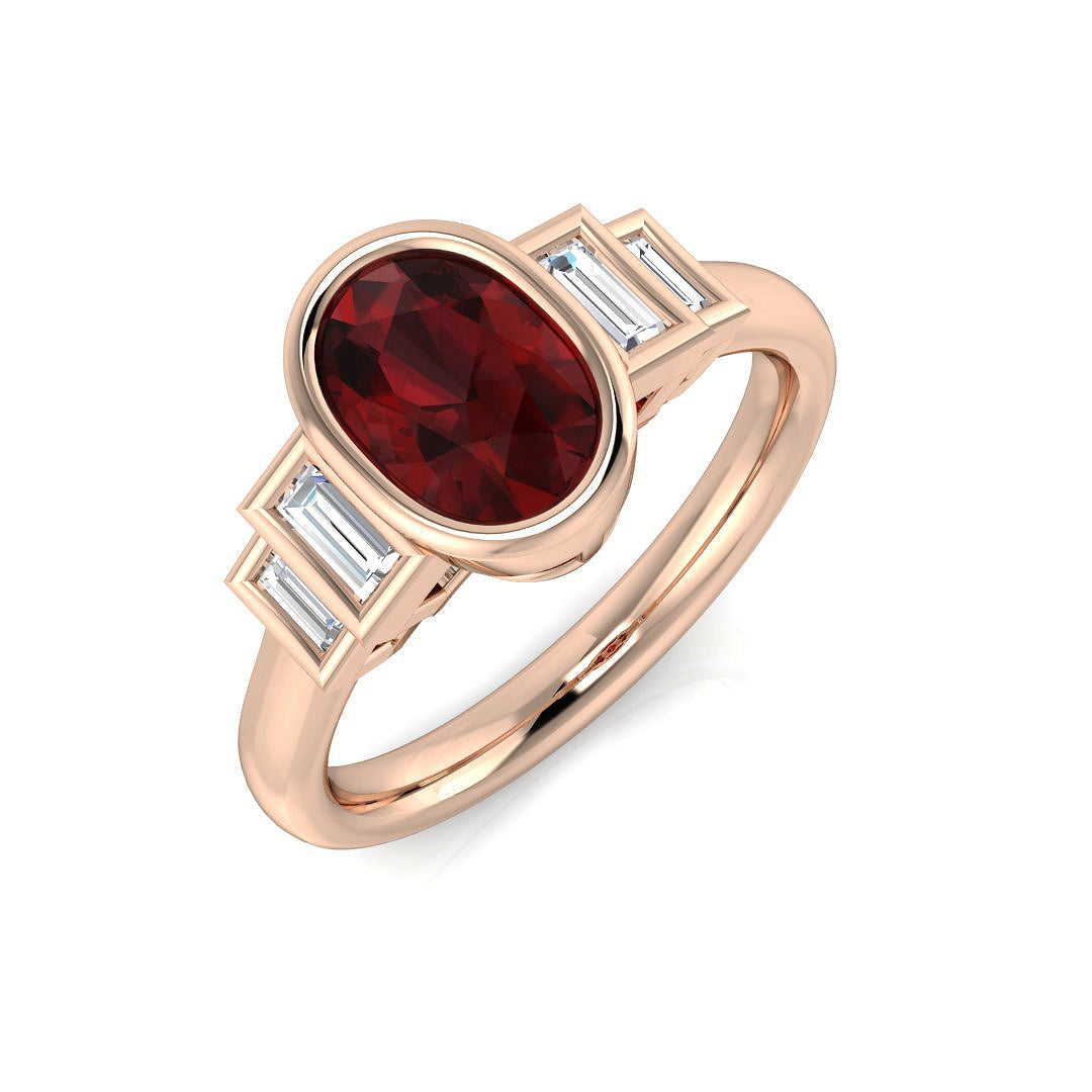 Oval Cut Ruby Ring with Baguette Diamond Side Stones in 10K/14K gold and platinum with certified lab-grown or natural diamonds