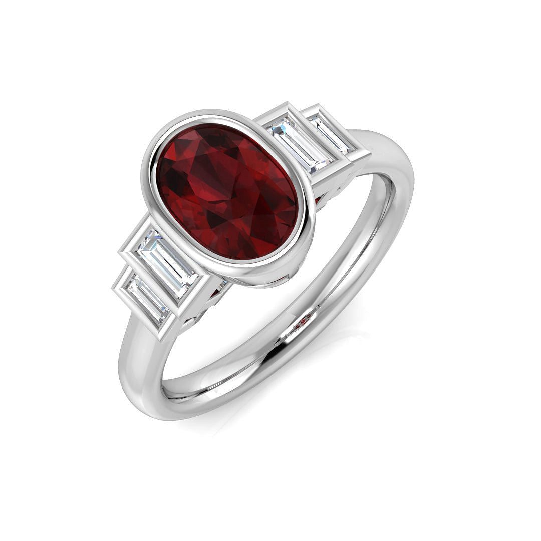 Oval Cut Ruby Ring with Baguette Diamond Side Stones in 10K/14K gold and platinum with certified lab-grown or natural diamonds