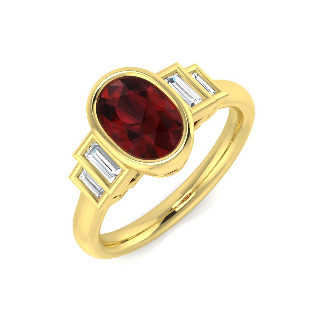 Oval Cut Ruby Ring with Baguette Diamond Side Stones in 10K/14K gold and platinum with certified lab-grown or natural diamonds