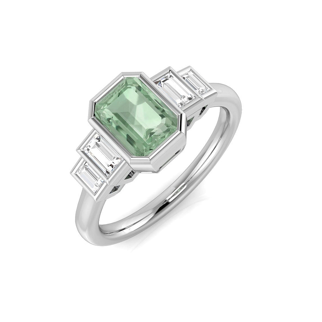 Green Amethyst Ring 5 Stone Bezel Set with Diamonds in 10K/14K gold and platinum with certified lab-grown or natural diamonds