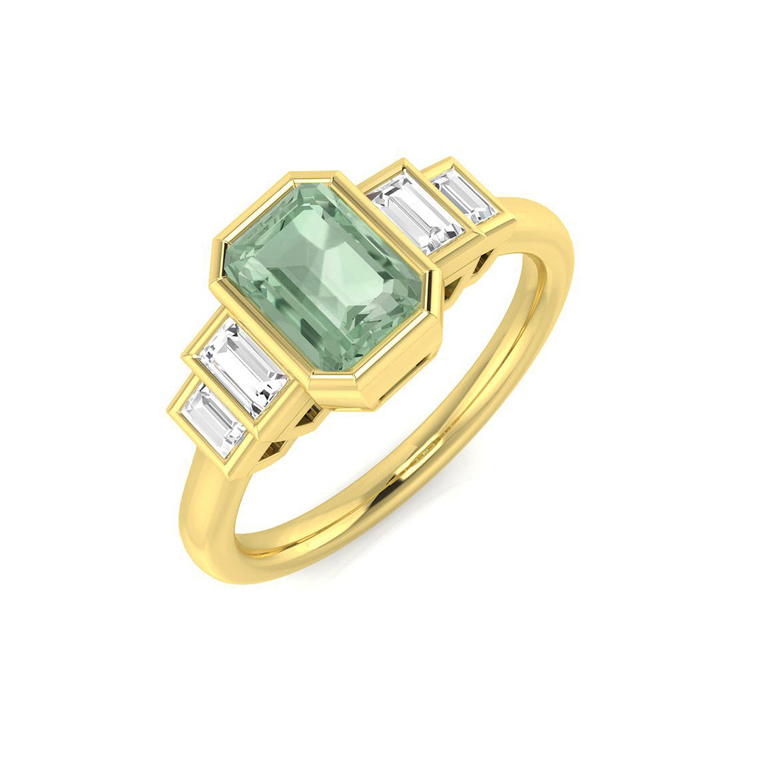 Green Amethyst Ring 5 Stone Bezel Set with Diamonds in 10K/14K gold and platinum with certified lab-grown or natural diamonds