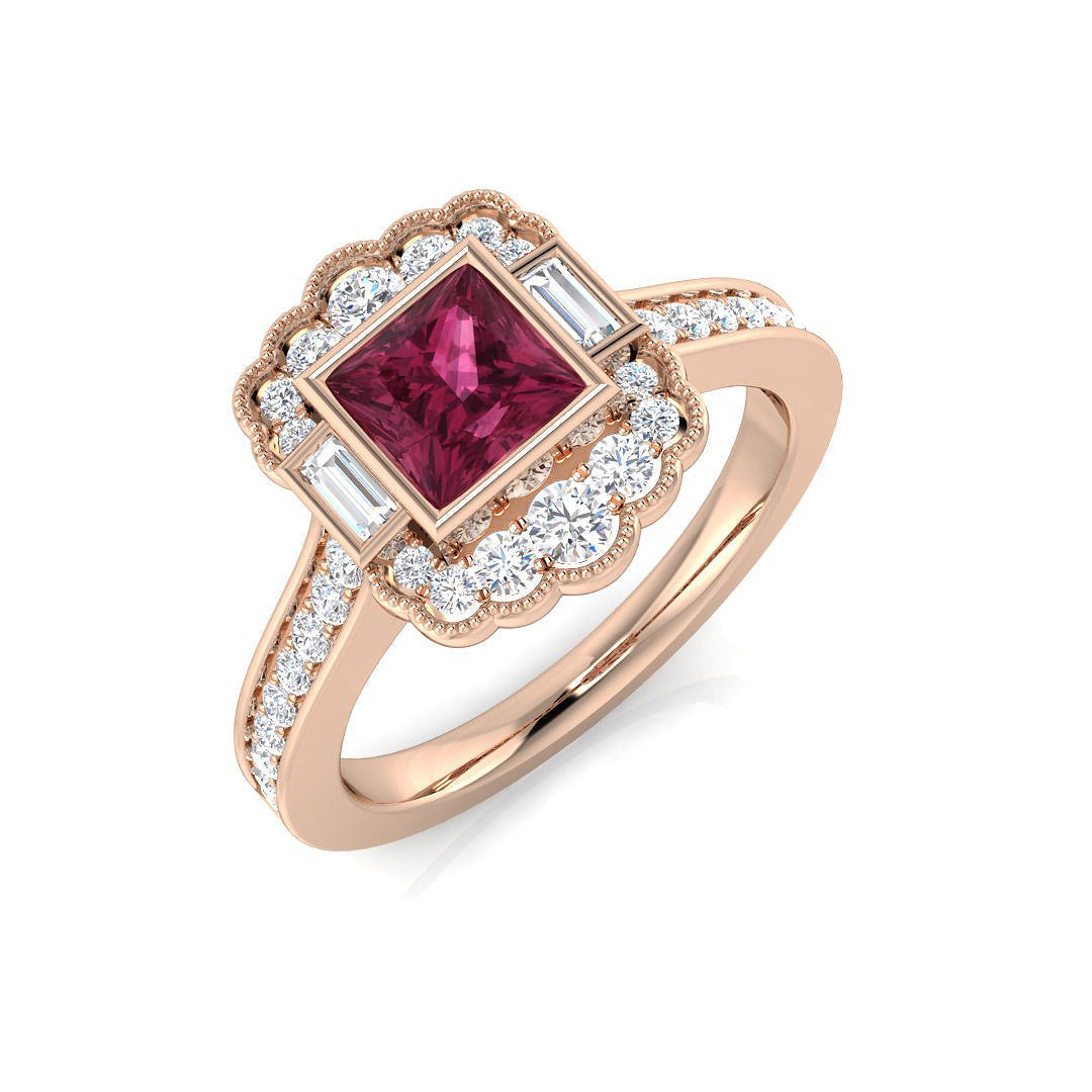 Pink Tourmaline Ring Square Cut with Baguette & Round Diamonds in 10K/14K gold and platinum with certified lab-grown or natural diamonds