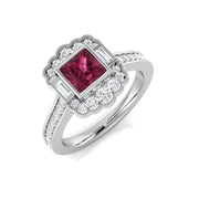 Pink Tourmaline Ring Square Cut with Baguette & Round Diamonds in 10K/14K gold and platinum with certified lab-grown or natural diamonds