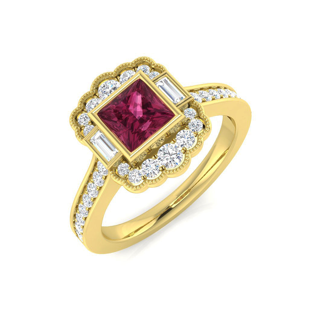 Pink Tourmaline Ring Square Cut with Baguette & Round Diamonds in 10K/14K gold and platinum with certified lab-grown or natural diamonds