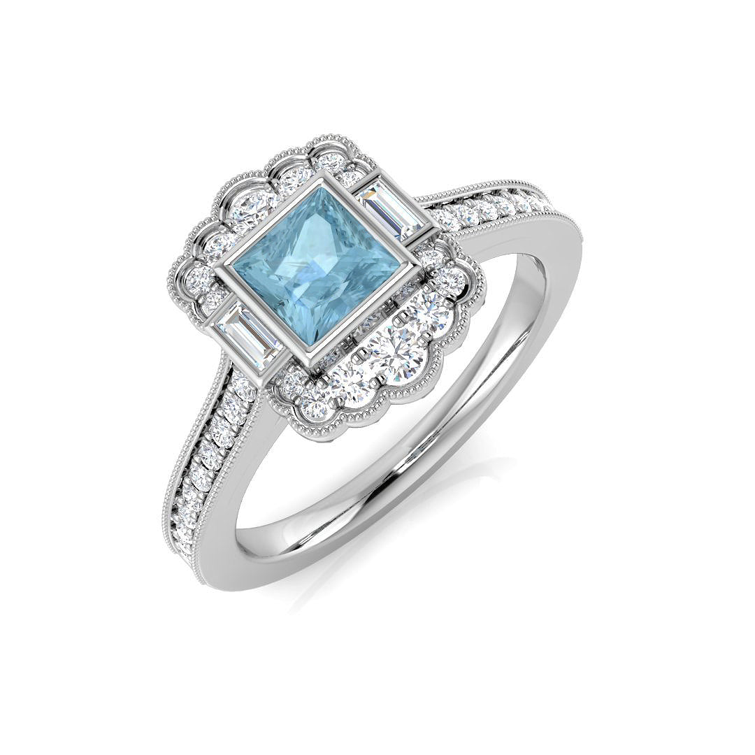 Princess Cut Aquamarine Vintage Ring with Side Diamonds - UK Made in 10K/14K gold and platinum with certified lab-grown or natural diamonds