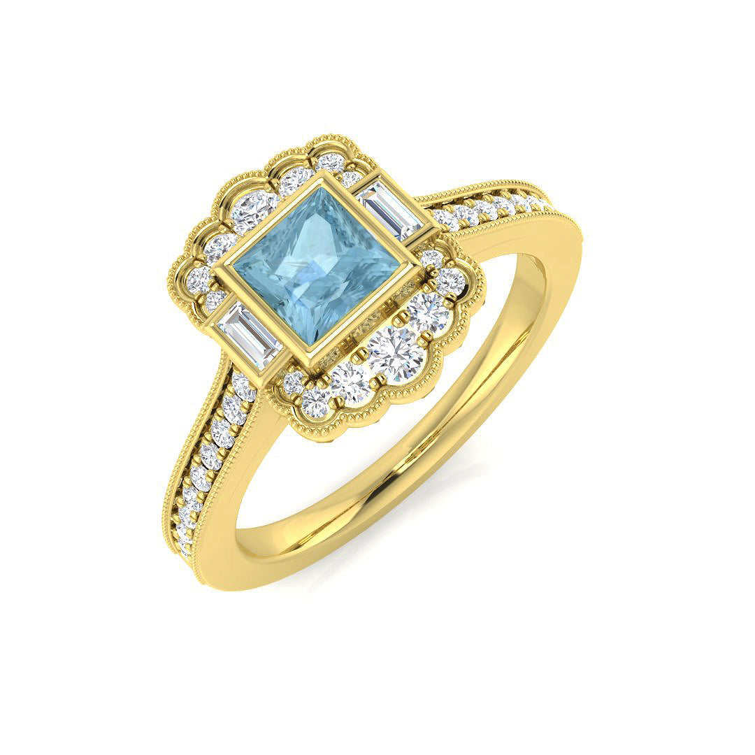 Princess Cut Aquamarine Vintage Ring with Side Diamonds - UK Made in 10K/14K gold and platinum with certified lab-grown or natural diamonds