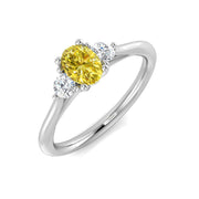 Oval Cut Natural Yellow Diamond Three Stone Engagement Ring with Side Diamonds in 10K/14K gold and platinum with certified lab-grown or natural diamonds