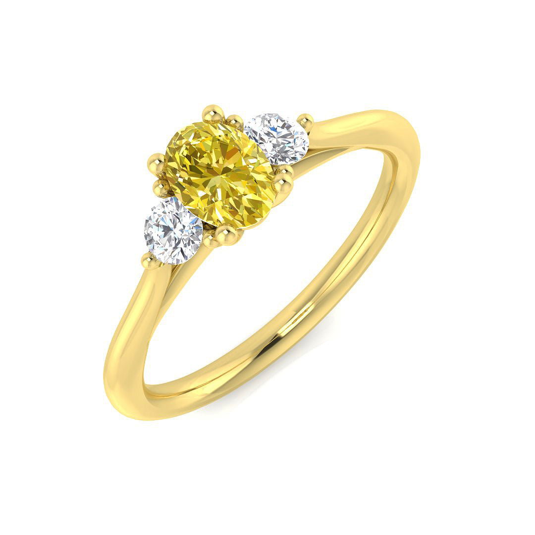 Oval Cut Natural Yellow Diamond Three Stone Engagement Ring with Side Diamonds in 10K/14K gold and platinum with certified lab-grown or natural diamonds