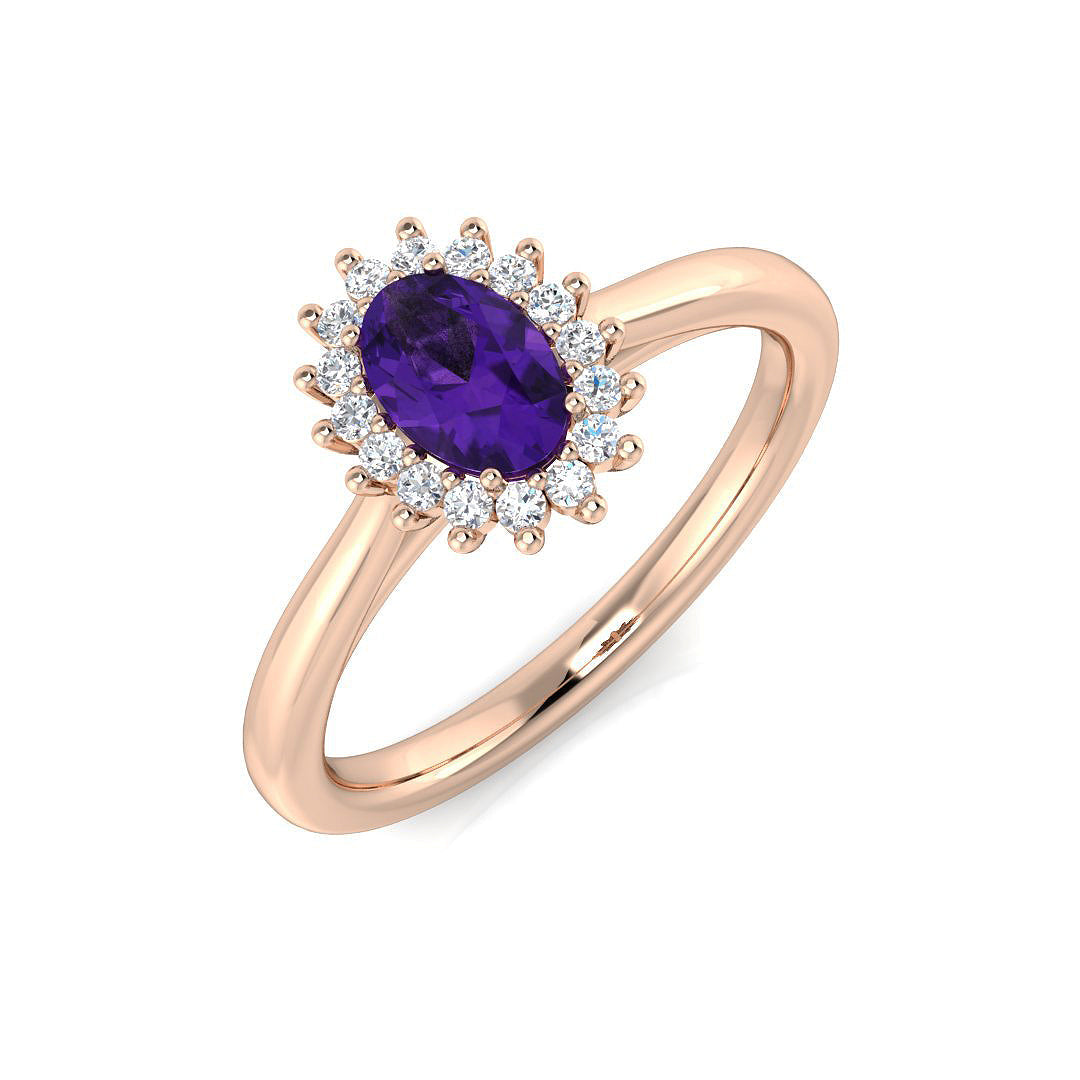 Amethyst Solitaire Cluster Ring with Diamond Halo in 10K/14K gold and platinum with certified lab-grown or natural diamonds