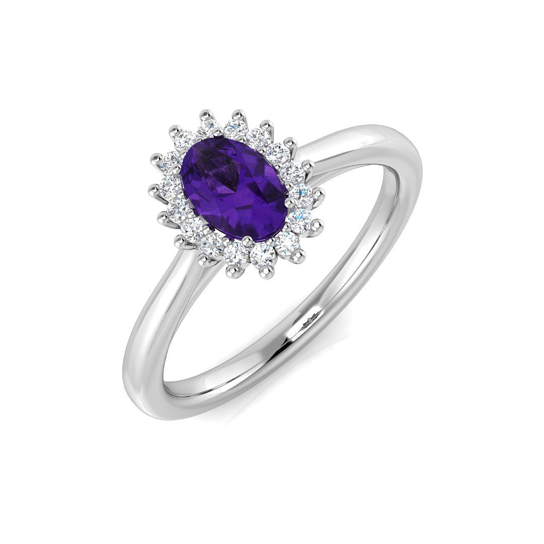 Amethyst Solitaire Cluster Ring with Diamond Halo in 10K/14K gold and platinum with certified lab-grown or natural diamonds