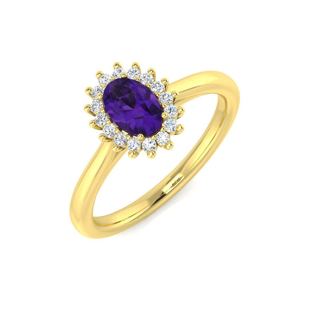 Amethyst Solitaire Cluster Ring with Diamond Halo in 10K/14K gold and platinum with certified lab-grown or natural diamonds