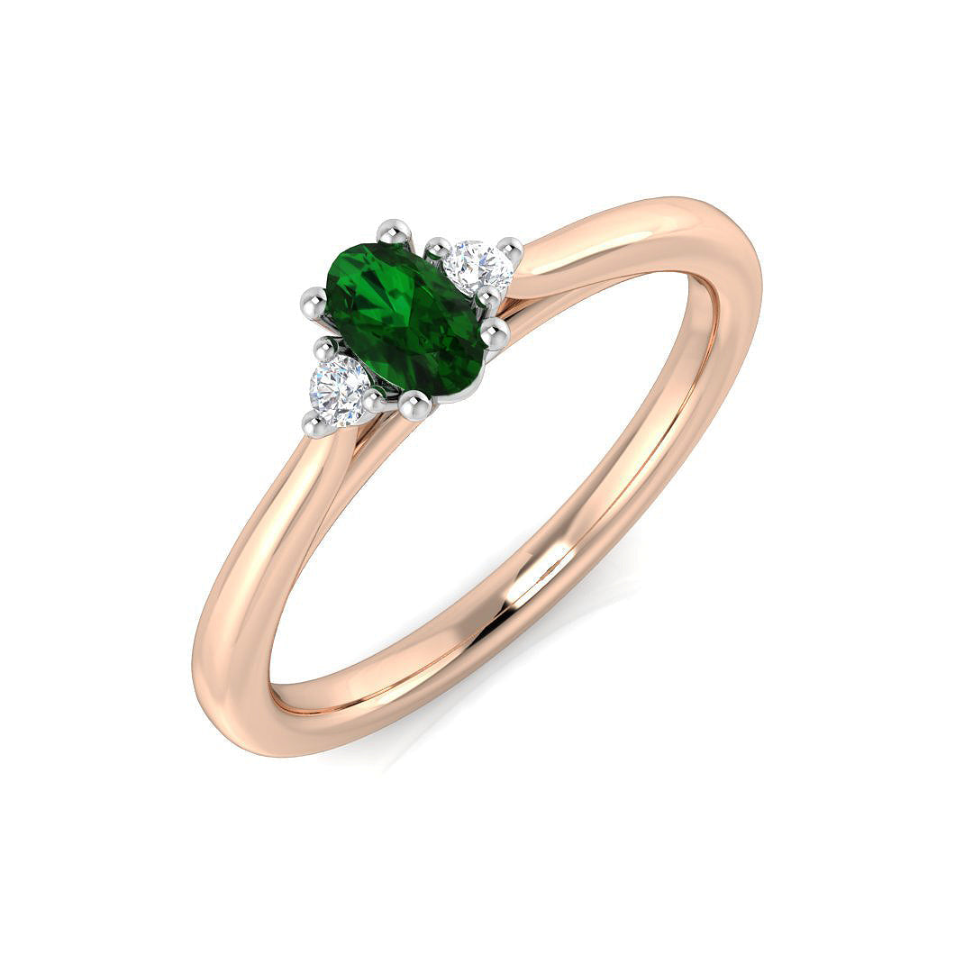 Round Cut Natural Diamond Three-Stone Ring with Oval Colour Gemstone in 10K/14K gold and platinum with certified lab-grown or natural diamonds