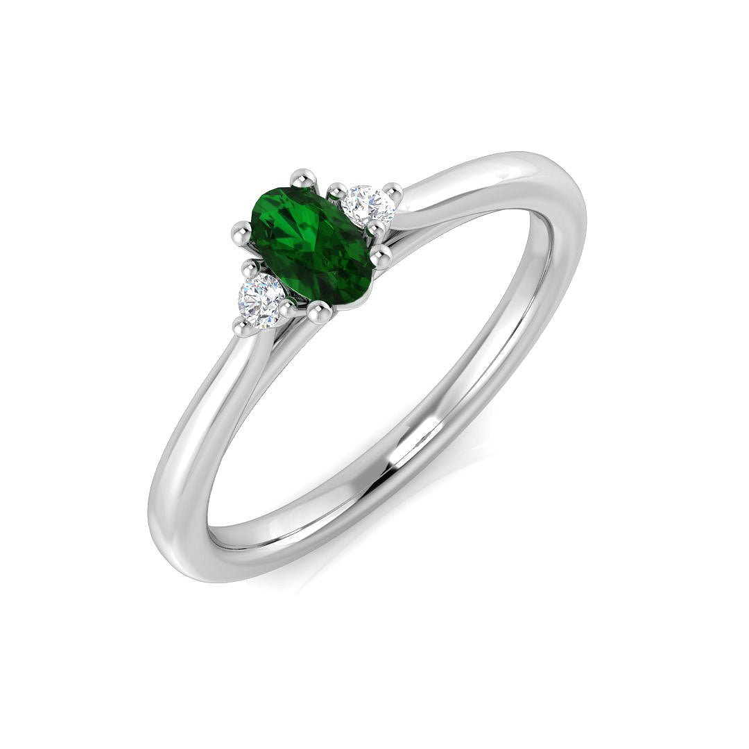 Round Cut Natural Diamond Three-Stone Ring with Oval Colour Gemstone in 10K/14K gold and platinum with certified lab-grown or natural diamonds