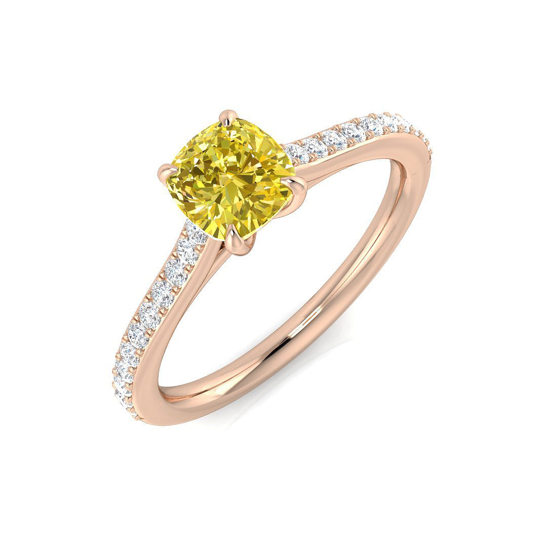 Cushion Cut Natural Yellow Diamond Engagement Ring with Round Pave Diamond Band in 10K/14K gold and platinum with certified lab-grown or natural diamonds