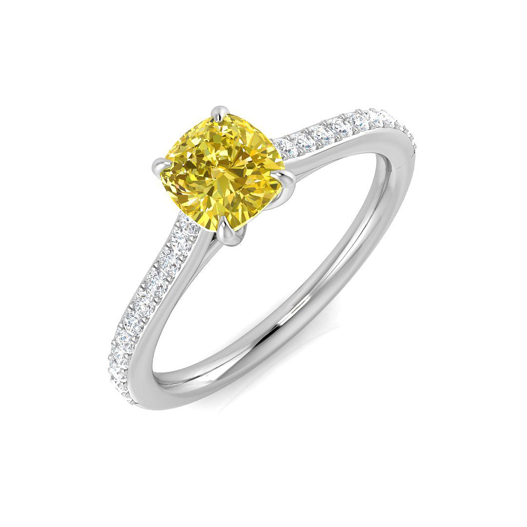 Cushion Cut Natural Yellow Diamond Engagement Ring with Round Pave Diamond Band in 10K/14K gold and platinum with certified lab-grown or natural diamonds