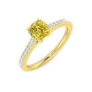 Cushion Cut Natural Yellow Diamond Engagement Ring with Round Pave Diamond Band in 10K/14K gold and platinum with certified lab-grown or natural diamonds