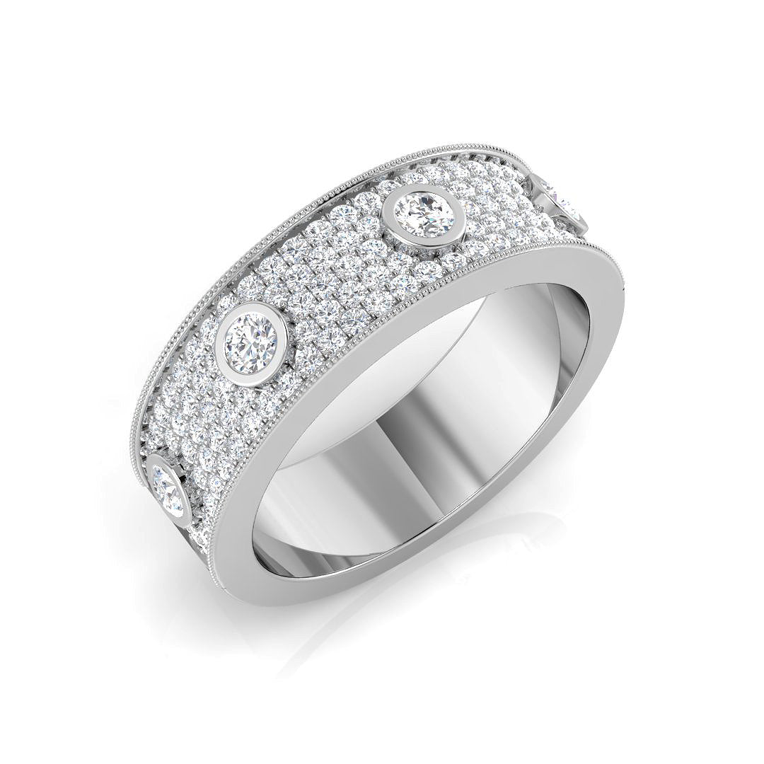 Round Cut Natural Diamond Wide Pave Band Ring with Bezel Set Diamonds in 10K/14K gold and platinum with certified lab-grown or natural diamonds