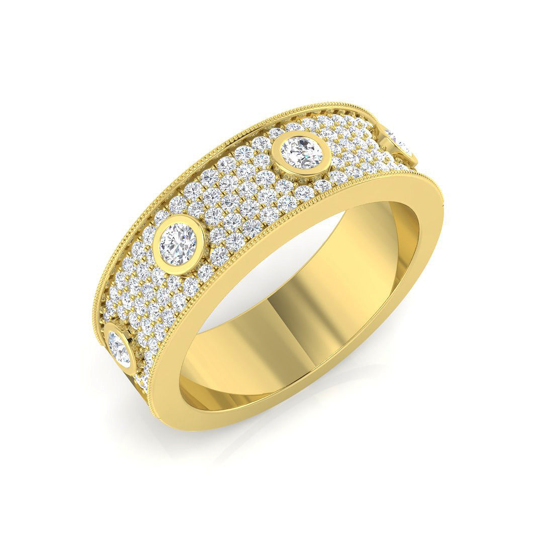 Round Cut Natural Diamond Wide Pave Band Ring with Bezel Set Diamonds in 10K/14K gold and platinum with certified lab-grown or natural diamonds